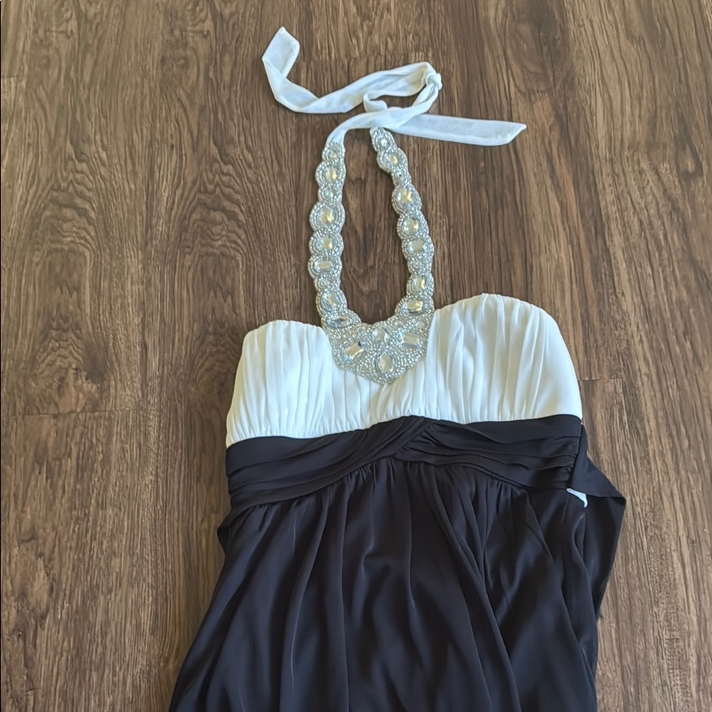 Elegant Black and White Strapless Dress with Beaded Neckline
